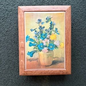Vintage M Riggenboch Signed Tile Oak Jewelry Music Box Trinket Blue White Floral